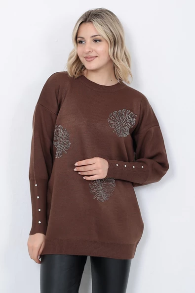 Kadın Triko Kazak Bisiklet Yaka Yaprak Desenli Kolu Taşlı Oversize Kahverengi - Resim 2