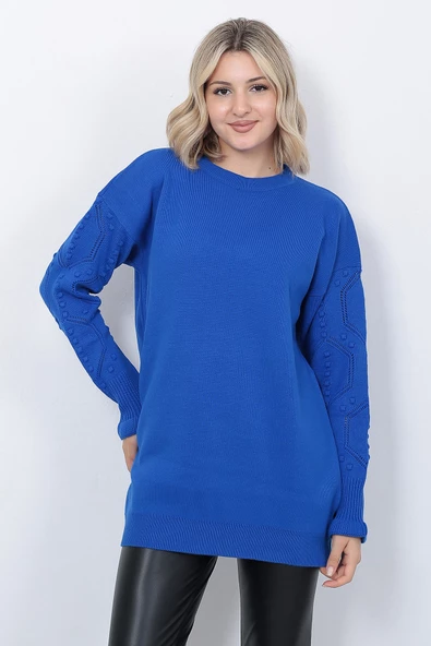 Kadın Triko Kazak Bisiklet Yaka Kolu Desenli Oversize Saks Mavi - 7
