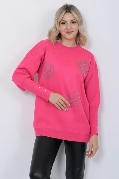 Kadın Triko Kazak Bisiklet Yaka Yaprak Desenli Kolu Taşlı Oversize Fujya - Resim 3