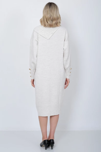 Triko Uzun Kadın Elbise Yaka Düğmeli Taş - Resim 9