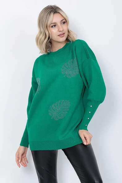 Kadın Triko Kazak Bisiklet Yaka Yaprak Desenli Kolu Taşlı Oversize Yeşil - Resim 3
