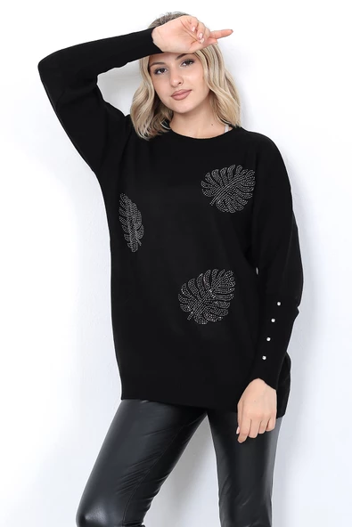 Kadın Triko Kazak Bisiklet Yaka Yaprak Desenli Kolu Taşlı Oversize Siyah - Resim 7