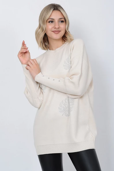 Kadın Triko Kazak Bisiklet Yaka Yaprak Desenli Kolu Taşlı Oversize Taş Renk - Resim 8