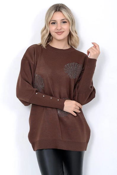 Kadın Triko Kazak Bisiklet Yaka Yaprak Desenli Kolu Taşlı Oversize Kahverengi - Resim 7