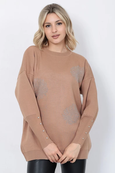 Kadın Triko Kazak Bisiklet Yaka Yaprak Desenli Kolu Taşlı Oversize Vizon - 2