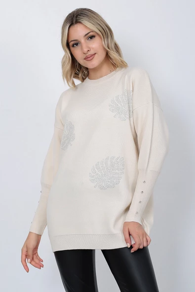 Kadın Triko Kazak Bisiklet Yaka Yaprak Desenli Kolu Taşlı Oversize Taş Renk - Resim 5