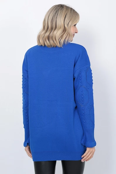 Kadın Triko Kazak Bisiklet Yaka Kolu Desenli Oversize Saks Mavi - 5