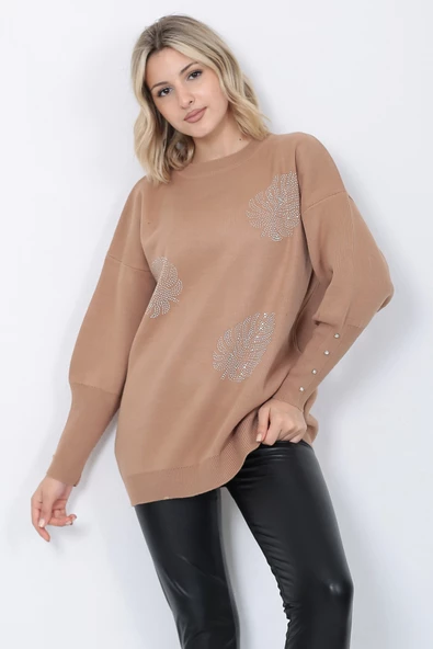 Kadın Triko Kazak Bisiklet Yaka Yaprak Desenli Kolu Taşlı Oversize Vizon - 3