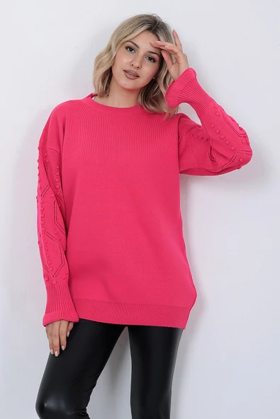 Kadın Triko Kazak Bisiklet Yaka Kolu Desenli Oversize Fujya - 4