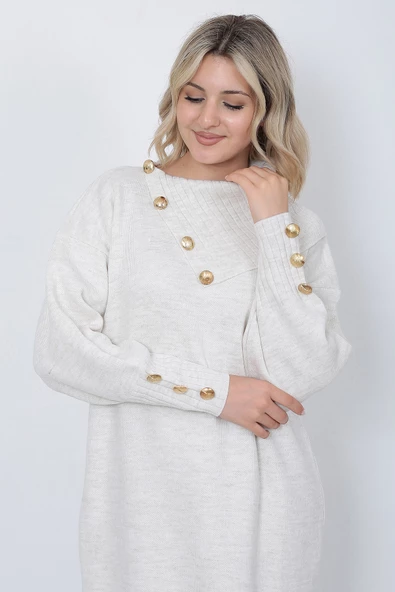 Triko Uzun Kadın Elbise Yaka Düğmeli Taş - Resim 2