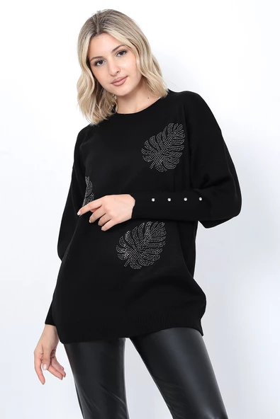 Kadın Triko Kazak Bisiklet Yaka Yaprak Desenli Kolu Taşlı Oversize Siyah - Resim 2