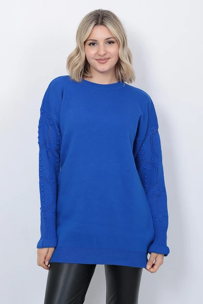 Kadın Triko Kazak Bisiklet Yaka Kolu Desenli Oversize Saks Mavi - 6
