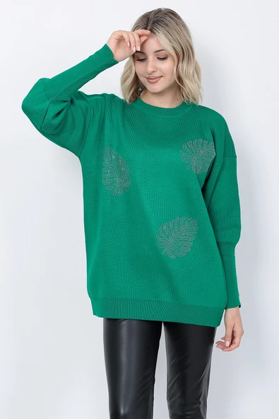 Kadın Triko Kazak Bisiklet Yaka Yaprak Desenli Kolu Taşlı Oversize Yeşil - Resim 6