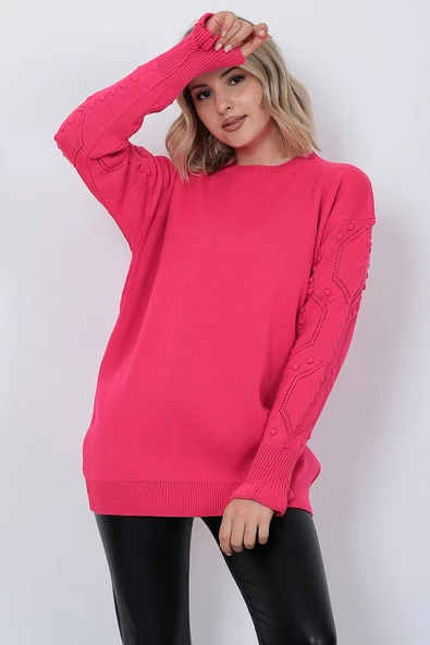 Kadın Triko Kazak Bisiklet Yaka Kolu Desenli Oversize Fujya - 7