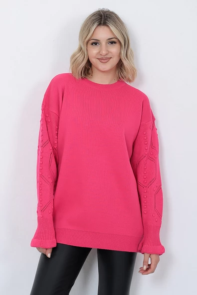 Kadın Triko Kazak Bisiklet Yaka Kolu Desenli Oversize Fujya - 6