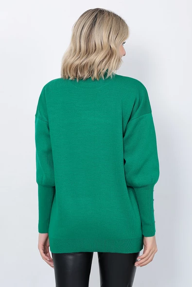 Kadın Triko Kazak Bisiklet Yaka Yaprak Desenli Kolu Taşlı Oversize Yeşil - Resim 7