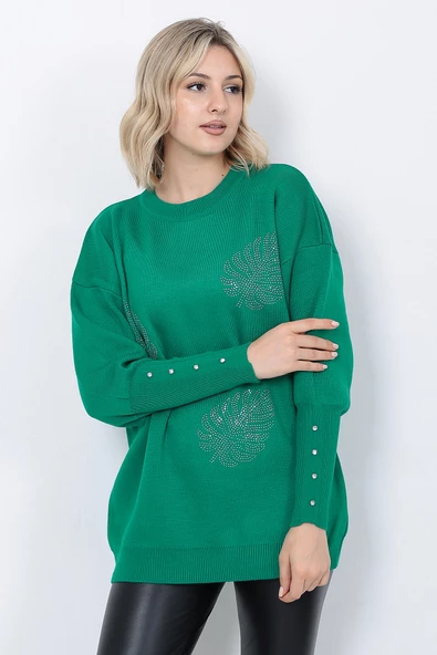 Kadın Triko Kazak Bisiklet Yaka Yaprak Desenli Kolu Taşlı Oversize Yeşil - Resim 2