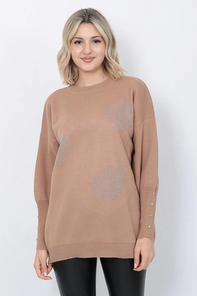 Kadın Triko Kazak Bisiklet Yaka Yaprak Desenli Kolu Taşlı Oversize Vizon - 6