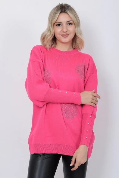 Kadın Triko Kazak Bisiklet Yaka Yaprak Desenli Kolu Taşlı Oversize Fujya - Resim 6