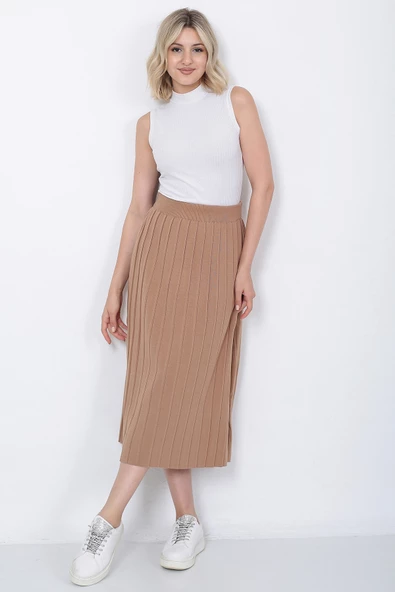 Kadın Triko Etek Oversize Vizon - 3