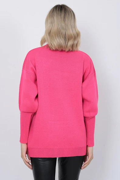 Kadın Triko Kazak Bisiklet Yaka Yaprak Desenli Kolu Taşlı Oversize Fujya - Resim 7