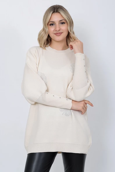 Kadın Triko Kazak Bisiklet Yaka Yaprak Desenli Kolu Taşlı Oversize Taş Renk - Resim 4