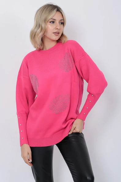 Kadın Triko Kazak Bisiklet Yaka Yaprak Desenli Kolu Taşlı Oversize Fujya - Resim 4