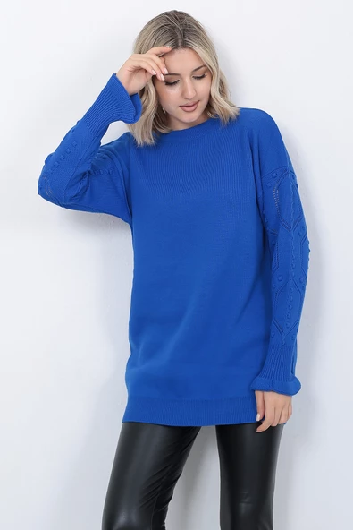 Kadın Triko Kazak Bisiklet Yaka Kolu Desenli Oversize Saks Mavi - 3