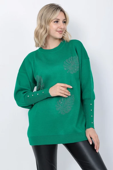 Kadın Triko Kazak Bisiklet Yaka Yaprak Desenli Kolu Taşlı Oversize Yeşil - Resim 9