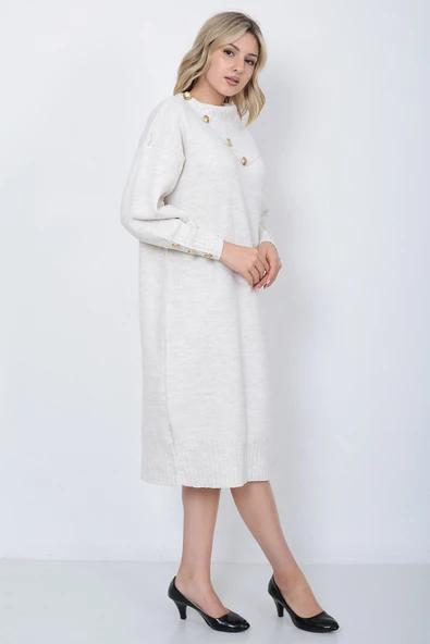 Triko Uzun Kadın Elbise Yaka Düğmeli Taş - Resim 6