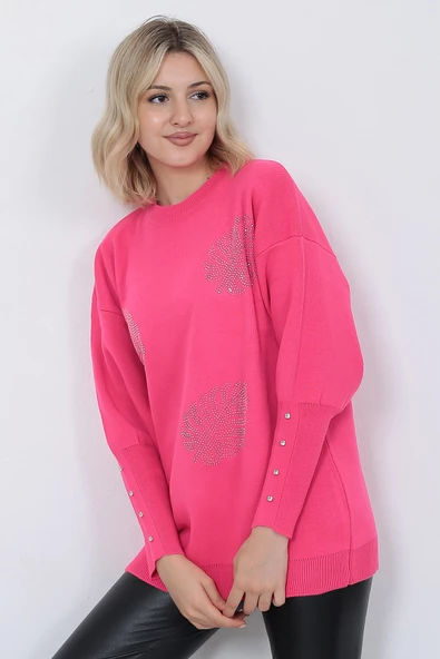 Kadın Triko Kazak Bisiklet Yaka Yaprak Desenli Kolu Taşlı Oversize Fujya - Resim 2