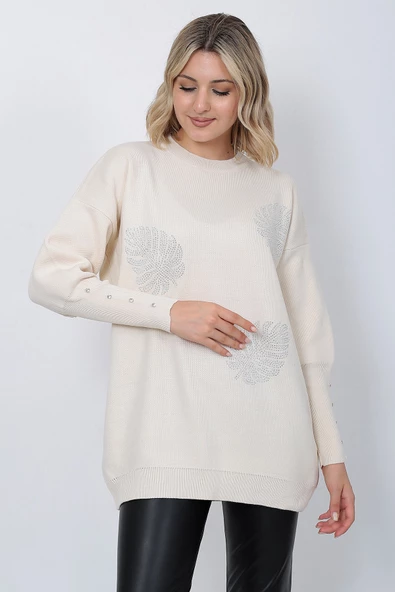 Kadın Triko Kazak Bisiklet Yaka Yaprak Desenli Kolu Taşlı Oversize Taş Renk - Resim 3