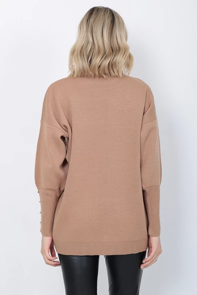 Kadın Triko Kazak Bisiklet Yaka Yaprak Desenli Kolu Taşlı Oversize Vizon - 7