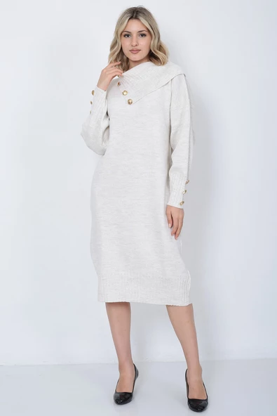 Triko Uzun Kadın Elbise Yaka Düğmeli Taş - Resim 3
