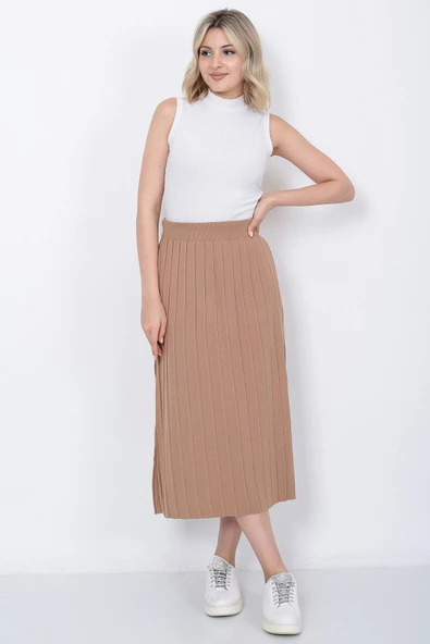 Kadın Triko Etek Oversize Vizon - 4