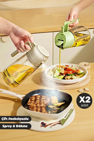 Madamev 2'li Çift Fonksiyonlu Cam Yağdanlık 450ml Kulplu Zeytinyağı Sıvıyağ Şişesi Airfryer Sprey Yağlık - 4