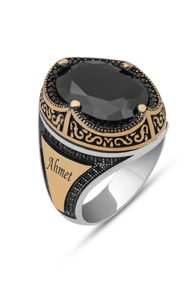 Oval Siyah Taşlı İsimli Harfli 925 Gümüş Erkek Yüzük - Resim 2