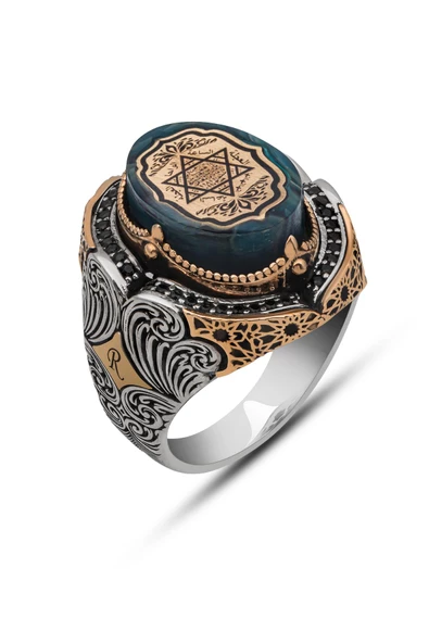 Süleyman Mührü Desenli Taşlı 925 Gümüş Erkek Yüzük - 2