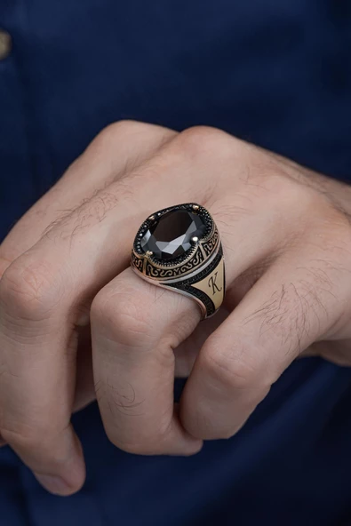 Oval Siyah Taşlı İsimli Harfli 925 Gümüş Erkek Yüzük - Resim 6