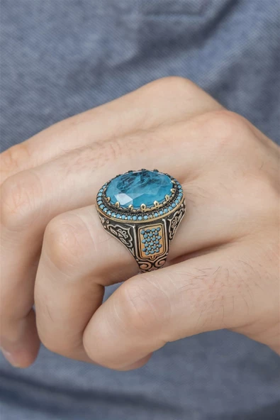 Mavi Paraiba Taşlı 925 Gümüş Erkek Yüzük ürün görseli