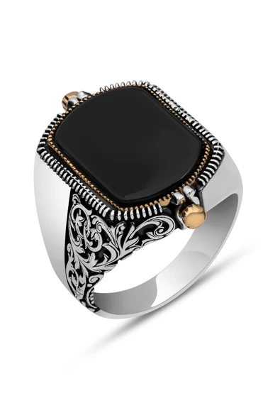 Çift Taraflı İsimli Siyah Mineli 925 Gümüş Erkek Yüzük - Resim 4