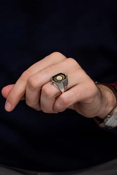 Çift Taraflı İsimli Siyah Mineli 925 Gümüş Erkek Yüzük - Resim 11