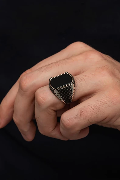 Oniks Taşlı Hasır Modeli 925 Gümüş Erkek Yüzük - Resim 7