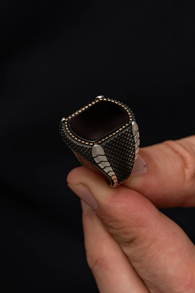 Oniks Taşlı Hasır Modeli 925 Gümüş Erkek Yüzük - Resim 5