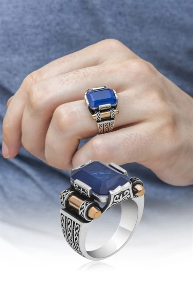 Kare Mavi Paraiba Taşlı 925 Gümüş Erkek Yüzük - Resim 7