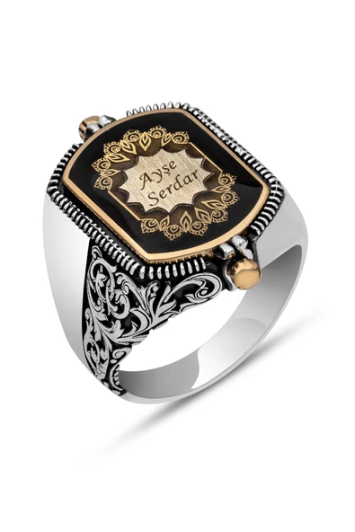 Çift Taraflı İsimli Siyah Mineli 925 Gümüş Erkek Yüzük - Resim 2