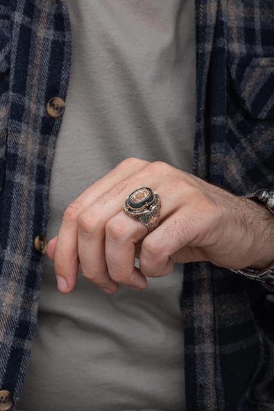 Süleyman Mührü Desenli Taşlı 925 Gümüş Erkek Yüzük - 5