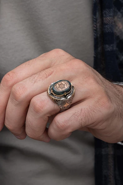 Süleyman Mührü Desenli Taşlı 925 Gümüş Erkek Yüzük - 3