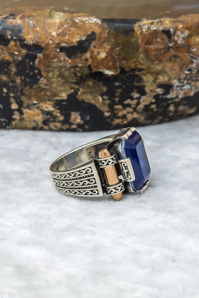 Kare Mavi Paraiba Taşlı 925 Gümüş Erkek Yüzük - Resim 9