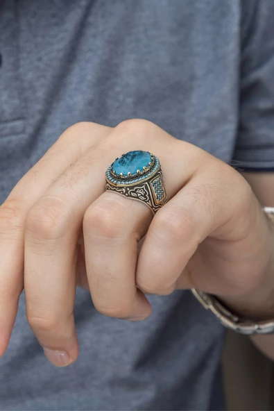 Mavi Paraiba Taşlı 925 Gümüş Erkek Yüzük - Resim 10